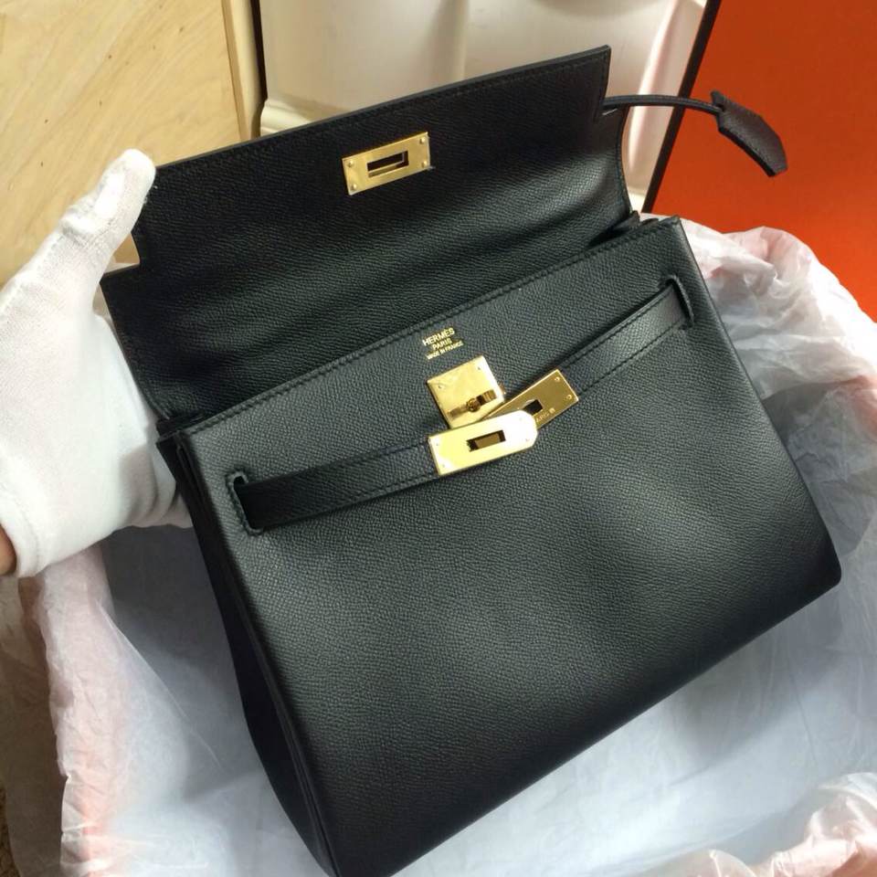 Hermes 愛馬仕 Kelly 28cm原版皮手掌紋金扣手提單肩斜挎女包 HK030 黑色 內逢. 純手工逢制 尺寸：28cm