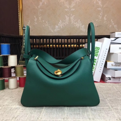 愛馬仕Hermes Lindy 26cm 原廠頂級進口原廠togo皮 配 手工蜜蠟線縫製 老工匠手藝 H家經典款 【森林綠】金扣