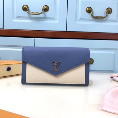 【LV路易威登頂級原單】M62530黑色/藍色 Louis Vuitton 由柔軟小牛皮裁制而成的優雅Mylockme錢夾，呼應Mylockme手袋系列的明快設計。飾有LV字母的信封式搭蓋，配有一對大號隔層與多個口袋，便