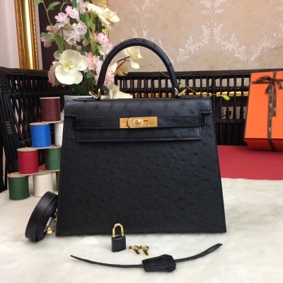 愛馬仕Hermes Kelly 28cm 進口頂級鴕鳥 全手工打造 進口蠟線 原廠五金 【黑色】金扣每一個環節都力求完美，每一針一線都透著工匠精神！