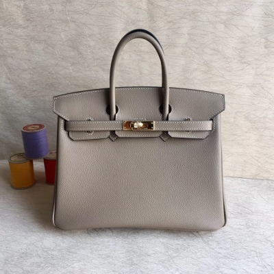 愛馬仕Hermes Birkin25cm 頂級epsom皮全工藝機縫蠟線 細節完美【淺灰】