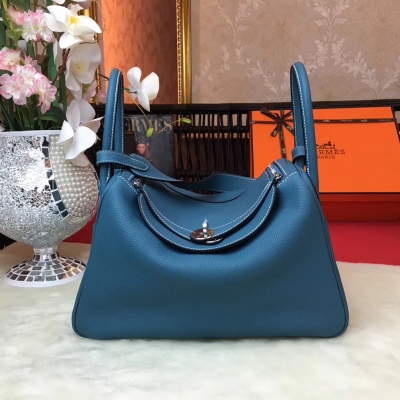 愛馬仕Hermes Lindy 30cm 原廠頂級進口原廠togo皮 配 手工蜜蠟線縫製 老工匠手藝 愛馬仕Hermes 經典款 【中藍】銀扣