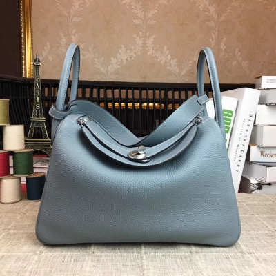 愛馬仕Hermes Lindy 30cm 進口頂級togo皮 半手工打造 進口蠟線 原廠五金 【亞麻藍】銀扣