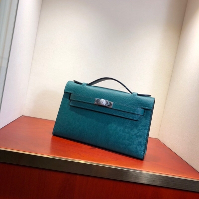 Hermes愛馬仕 stock 22Kelly pochette/miniKelly一代 孔雀綠 銀扣 法國進口蠟線 半手工 現貨