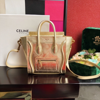 CELINE 笑臉頂級原單Luggage Nano 專櫃最新 金色 原版牛皮 尺寸size：20x20x10cm 出貨配全套包裝