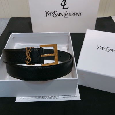 YSL Yves Saint laurent 19專櫃新款 女士時尚高端腰帶 雙面頭層小牛皮荔枝紋軟腰帶 寬30mm 方形針扣CASSANDRE 標識腰帶環