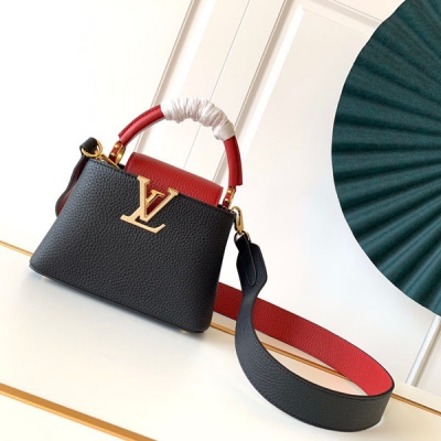 LOUIS VUITTON LV路易威登 M56071 M96467 迷你手袋有一條可拆卸的長肩帶，可以隨意地肩背，也可以斜背。全皮迷你全皮那英黑紅迷你金扣 尺寸：21x 14x 8cm 進口荔枝紋牛皮配胎牛皮內裡，原廠全