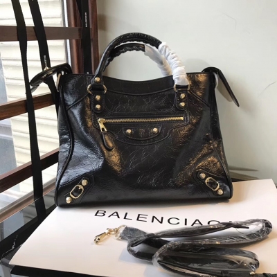 Balenciaga巴黎世家 機車包Classic Velo原單爆裂羊皮 黑色玫瑰小金釘 34cm斜挎手提版，實用擔當 黑色