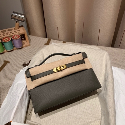 HERMES愛馬仕 Mini kelly Pochette 22cm Epsom 8F 錫器灰 金扣