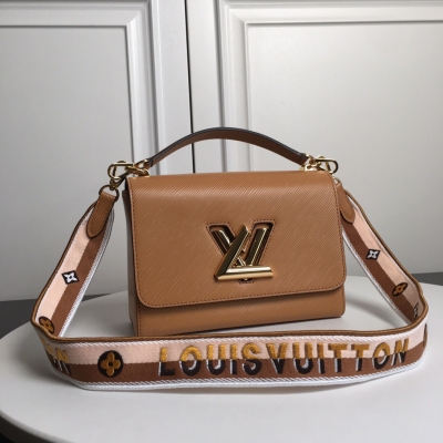 LOUIS VUITTON LV路易威登 M57506棕黃色 頂級原單 本款 Twist 中號手袋取材 Epi 皮革，再令皮革 Monogram 花卉綻放於刺繡寬肩帶底部，後者兩側分別呈現迷你 Mon