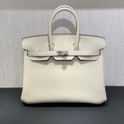 Hermes愛馬仕 togo 奶昔白Birkin BK 鉑金包 25cm 銀扣